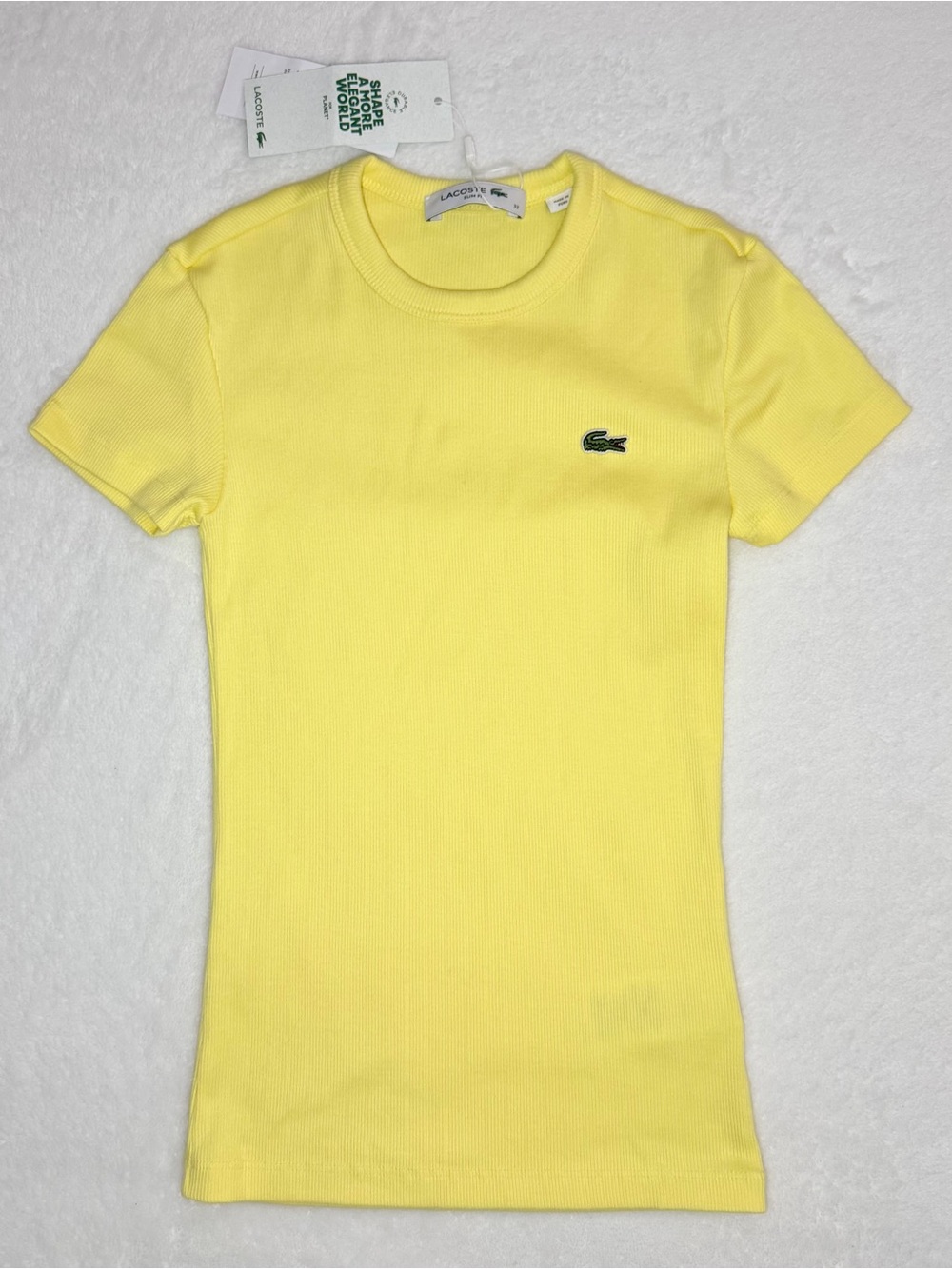 Lacoste Yellow Ribbed Short Sleeve Slim Fit Tee - Size XS (32-0)